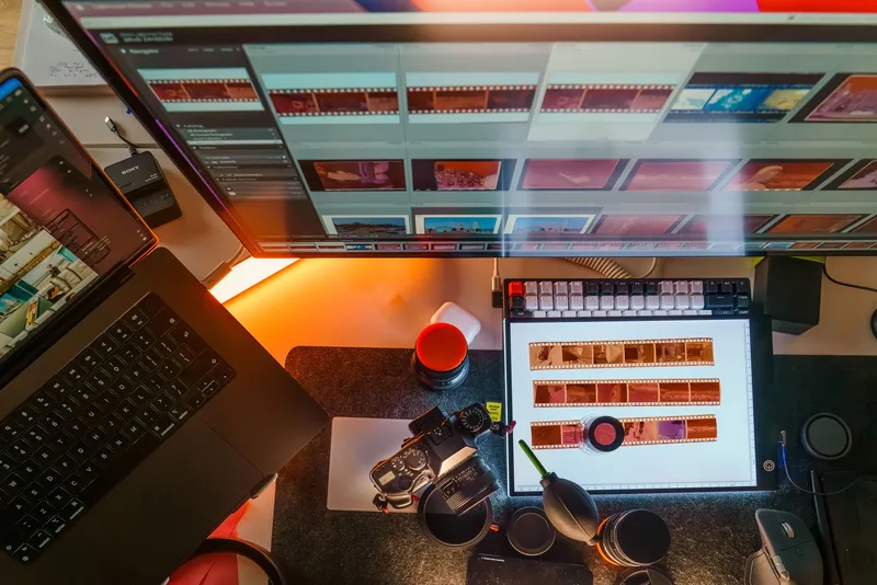 A photographer&rsquo;s workstation with digital and film equipment for editing and processing