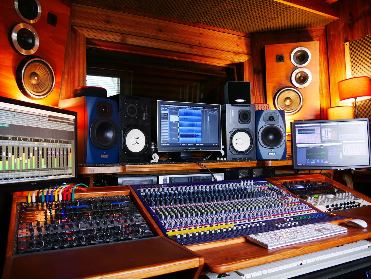 Music producer working at a mixing desk with studio monitors and a laptop