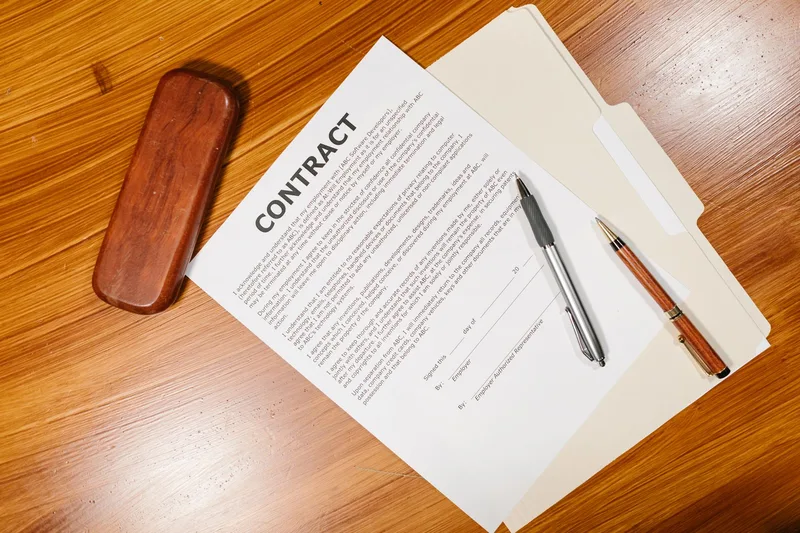Contract paperwork and a pen on a desk representing a music licensing agreement
