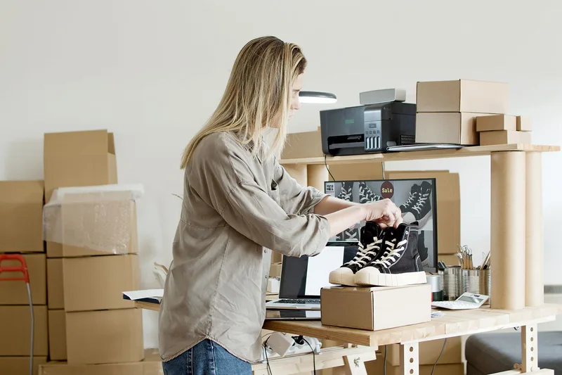 A seller packing a shipment box at an e-commerce workspace, representing the fulfillment side of running your own print store